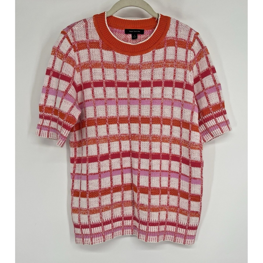 Women Medium Knit Cotton Blend Sweater Crew Neck Preppy Academia Short Sleeve